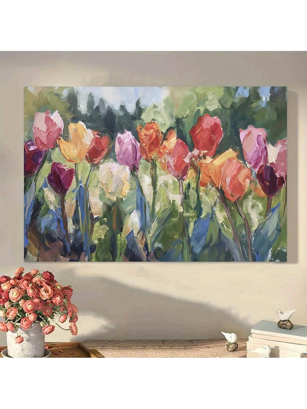 This vintage tulip oil painting on canvas brings timeless charm to your spring farmhouse decor. Featuring delicate tulip blooms rendered in classic oil painting style, it adds a subtle yet elegant touch to any room. The unframed canvas allows for versatile display options, making it easy to customize your space with a refined, expert aesthetic. Ideal for those seeking authentic farmhouse warmth with a sophisticated floral accent.