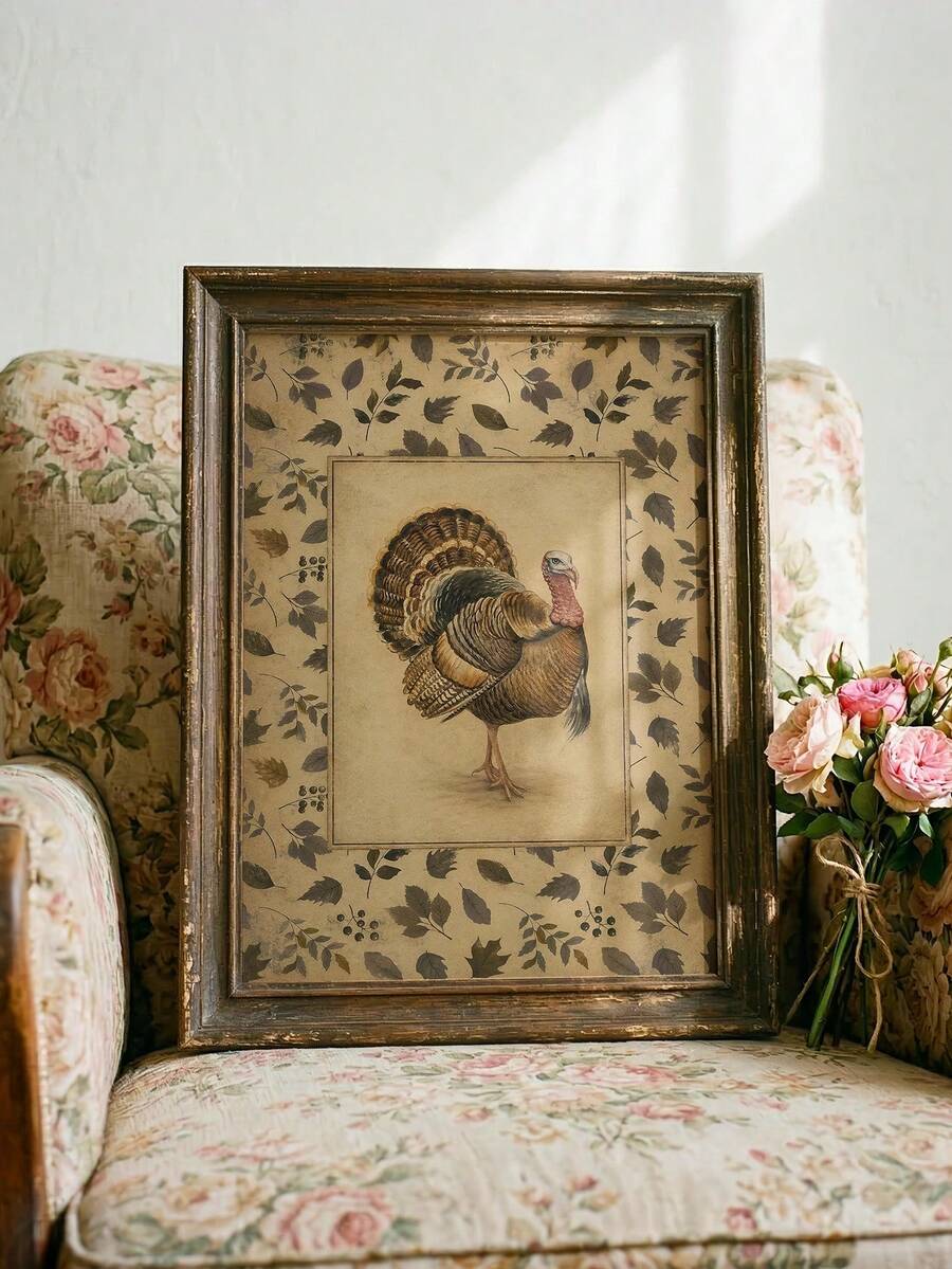 Distressed bronze framed turkey print on floral chair with pink roses