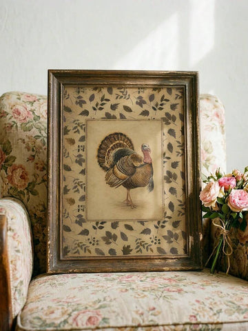 Distressed bronze framed turkey print on floral chair with pink roses