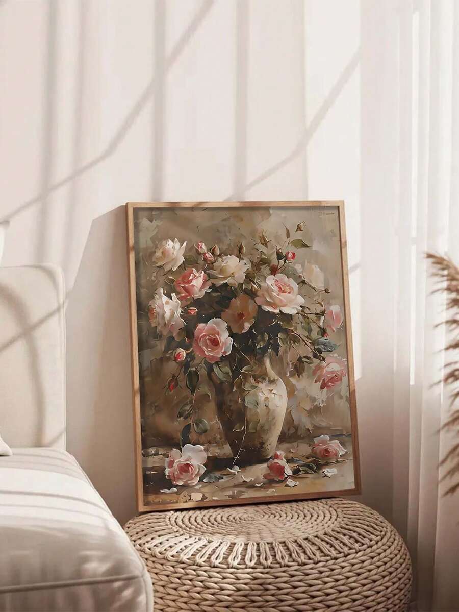 Vintage rose and peony vase artwork beside cream sofa