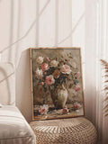 Vintage floral wall art with blush roses and peonies in a vase