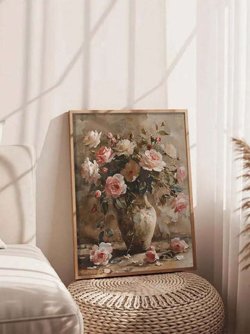 Vintage floral wall art with blush roses and peonies in a vase
