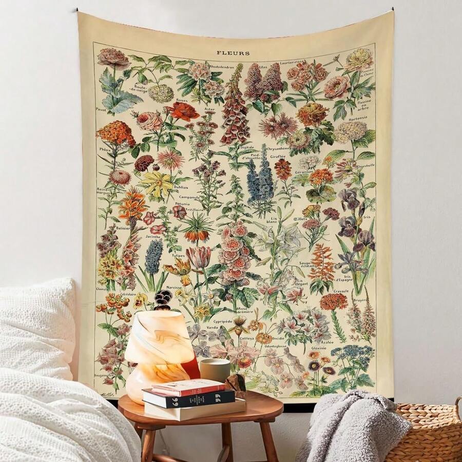 Vintage floral tapestry with illustrated FLEURS flower chart
