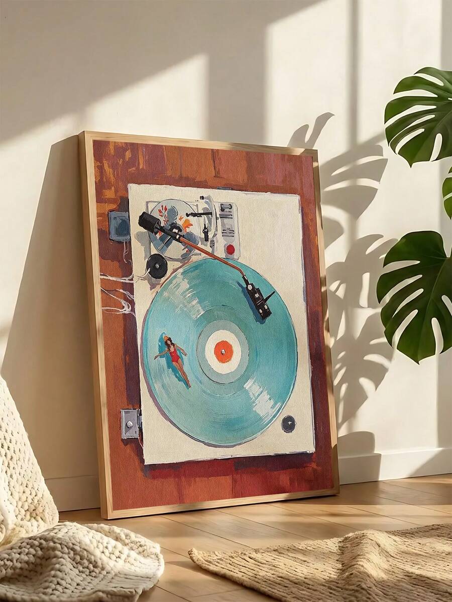 Framed vinyl record wall art with turntable scene in retro living room