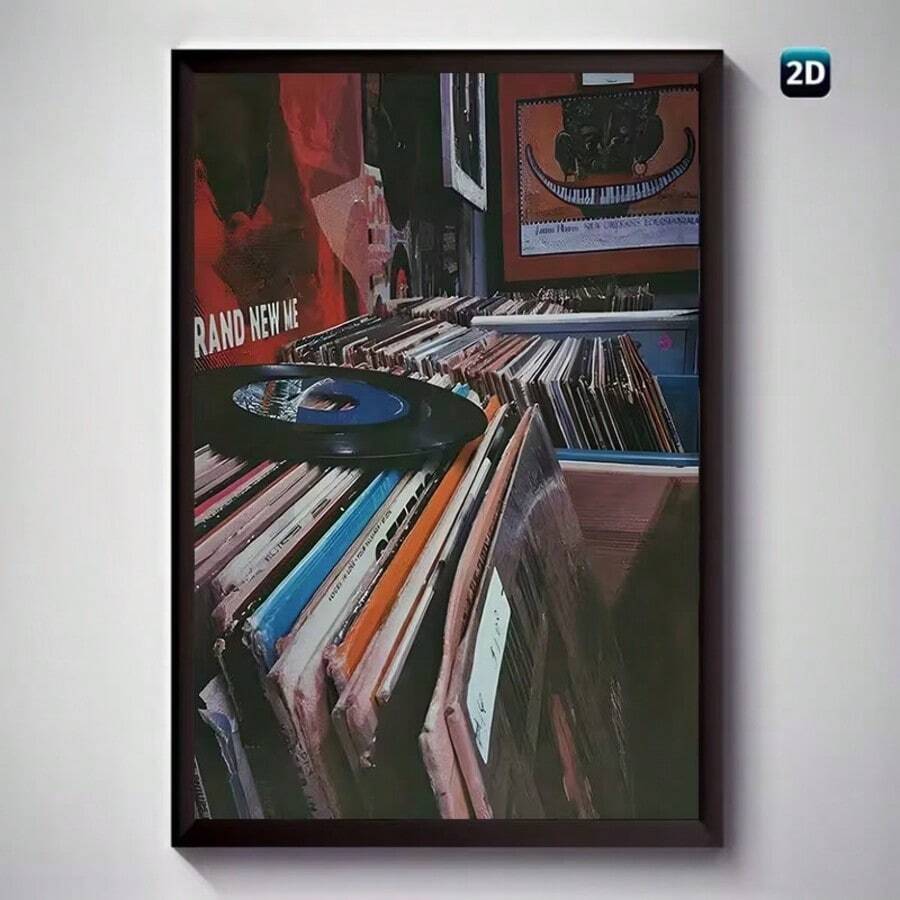 Vinyl wall art showing vintage record shop shelves LP crates and framed music poster style