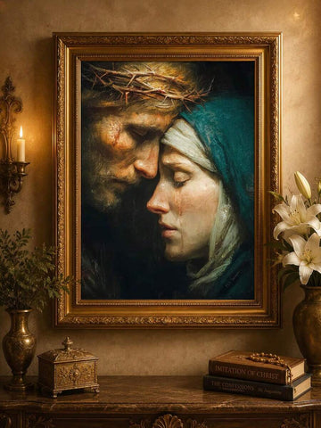 Ornate gold-framed close-up of Mary and Jesus beneath a crown of thorns in deep teal and warm shadow