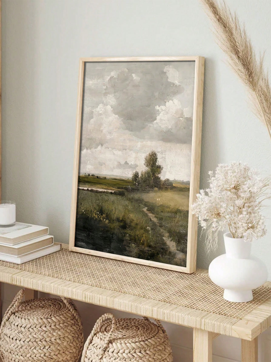 This exquisite canvas print captures the essence of rustic elegance with its warm, golden-hued landscape rendered in classic oil painting style. The composition evokes the serene countryside charm that defines farmhouse and French country aesthetics, making it an ideal focal point for living spaces, bedrooms, or dining areas seeking authentic vintage character.