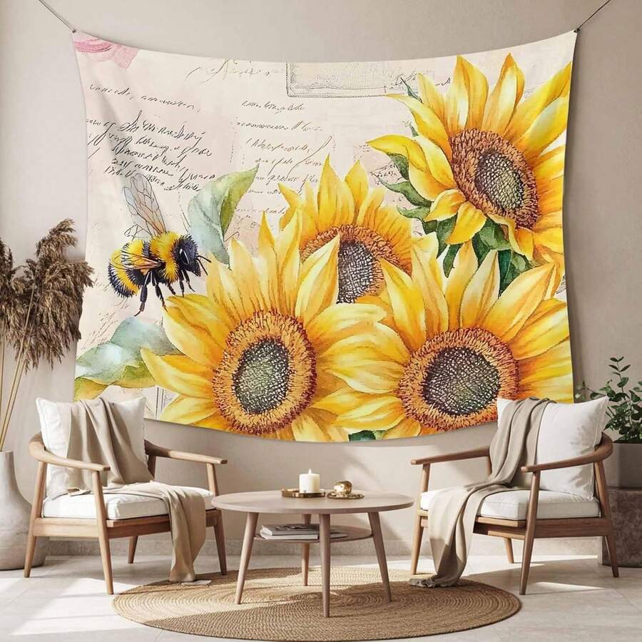Sunflower bee tapestry with vintage script background