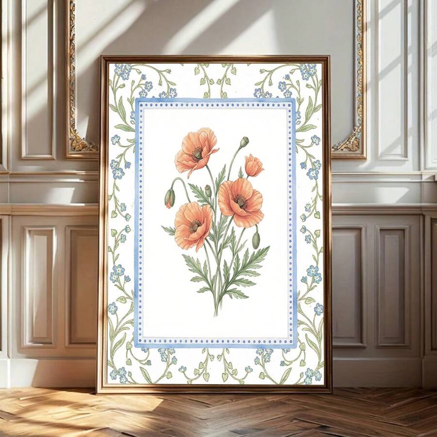 Vintage Watercolor Pink Poppy Flower Botanical Cottagecore Canvas Poster
