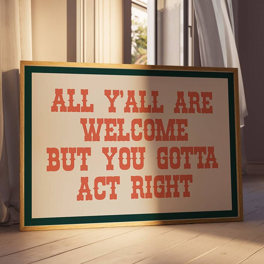 Vintage Welcome But Please Behave Cowboy Canvas poster with rustic farmhouse charm. Perfect for entryways, kitchens, porches, cabins, and country decor.
