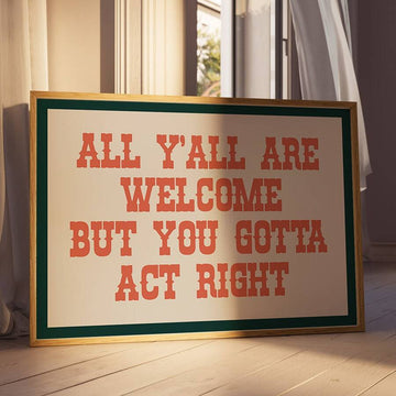 Vintage Welcome But Please Behave Cowboy Canvas poster with rustic farmhouse charm. Perfect for entryways, kitchens, porches, cabins, and country decor.
