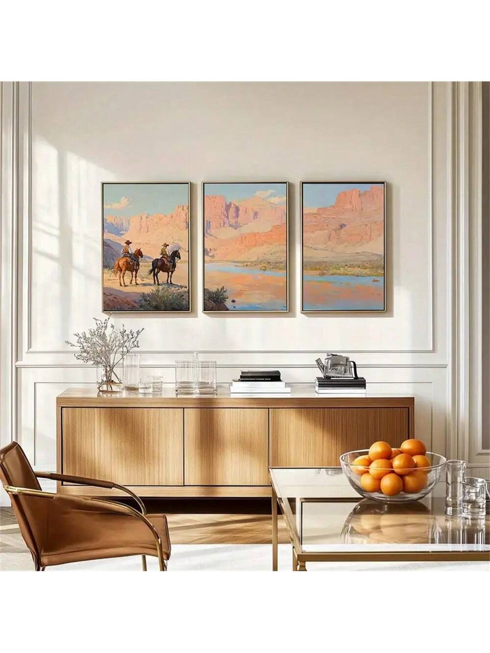Elevate your living space with this Vintage Western Cowboy Canvas Art Set, featuring expertly crafted horse and landscape prints that capture the timeless spirit of the Old West. These durable canvas pieces bring rustic charm and sophisticated style to any room, perfect for enthusiasts of Western heritage and nature alike. Designed to withstand the test of time, this set offers a refined way to showcase cowboy culture with understated elegance in your home decor.