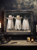 Three cowboy ghosts painting in an ornate silver frame above a candlelit antique table