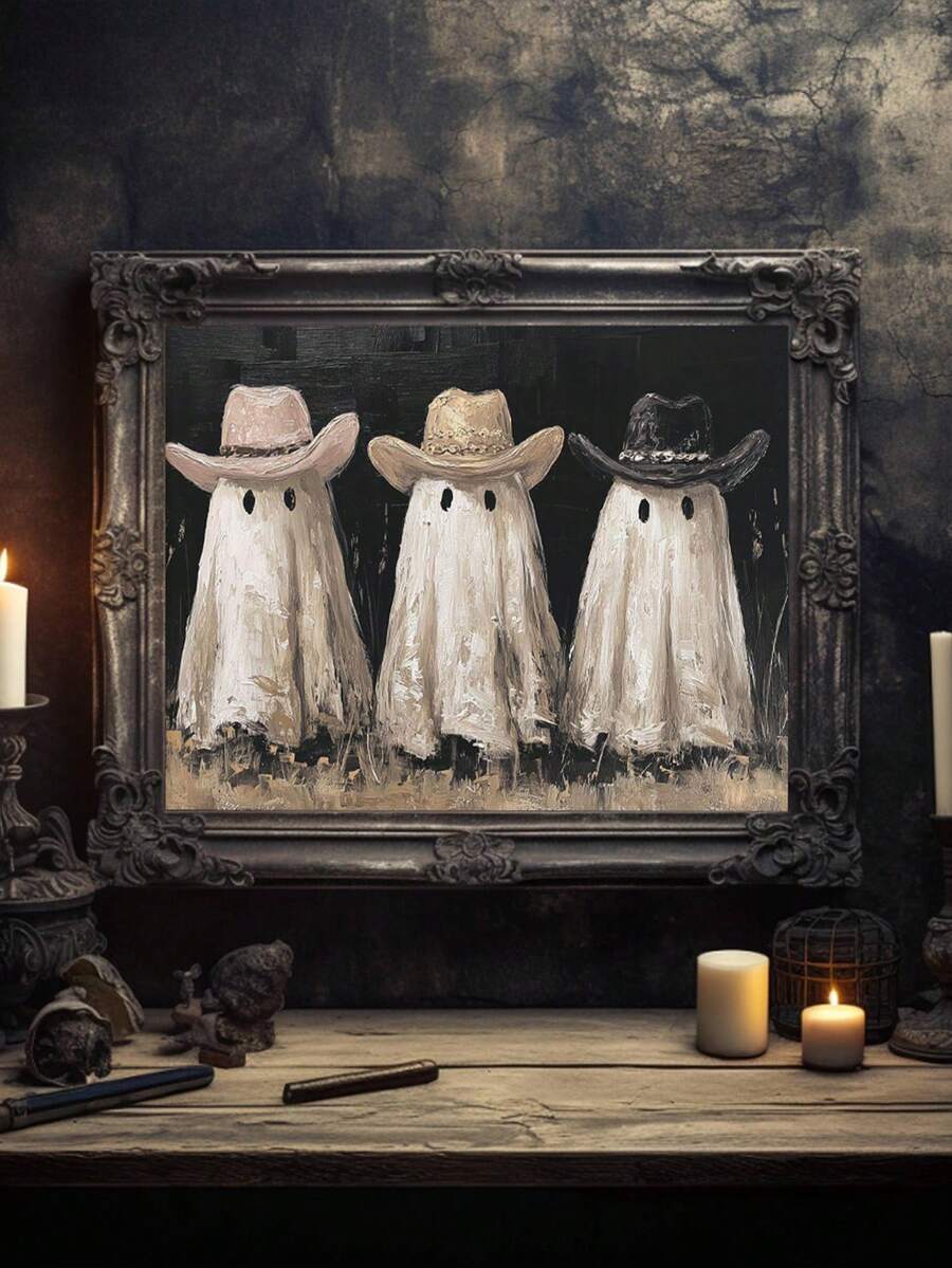 Three cowboy ghosts painting in an ornate silver frame above a candlelit antique table