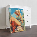 Decorate your home with vintage Western charm. This canvas print features a desert cowgirl scene with cactus, perfect for your living room, sofa backdrop, or bedside decoration. Add a touch of nostalgia and beauty to your space with this unique piece.