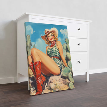 Decorate your home with vintage Western charm. This canvas print features a desert cowgirl scene with cactus, perfect for your living room, sofa backdrop, or bedside decoration. Add a touch of nostalgia and beauty to your space with this unique piece.