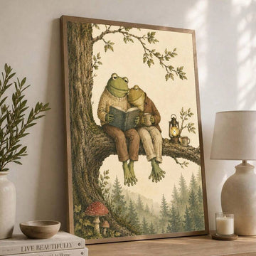Vintage Whimsical Frog And Toad Reading Couple Cozy Folk Art Canvas Poster