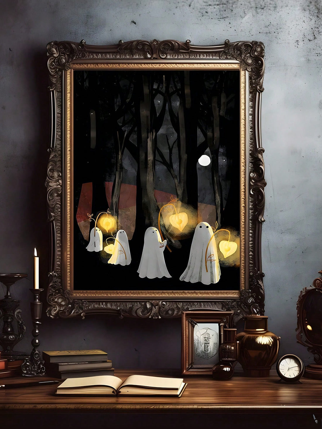 Capture the eerie charm of autumn with this Vintage Whimsical Ghost Wall Art. Featuring a retro Halloween forest scene, this canvas blends nostalgic whimsy with dark academia aesthetics. Perfect for adding a subtle yet sophisticated spooky touch to your space, it enhances any room with its unique vintage-inspired design and muted color palette. Ideal for collectors and enthusiasts seeking a refined seasonal decoration that balances mystery and artistry.
