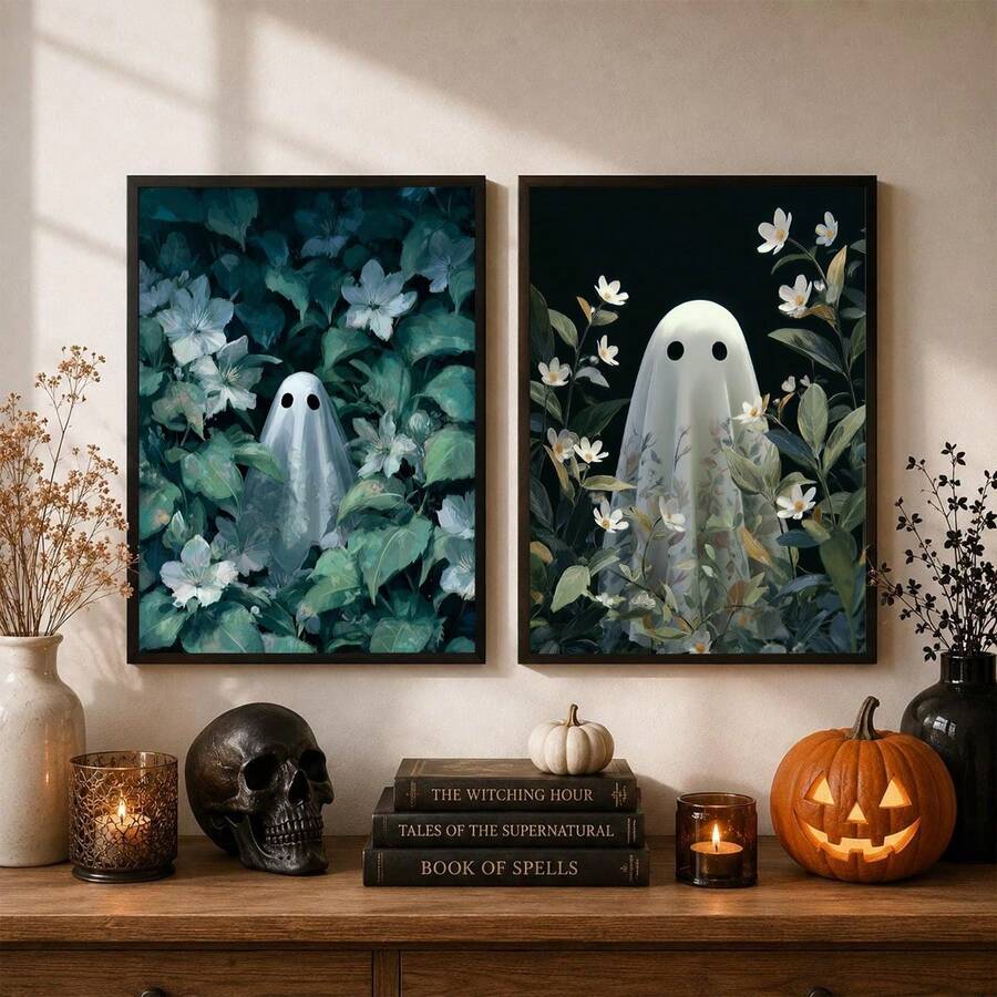 Framed ghost botanical prints above a Halloween mantel with candles and pumpkins