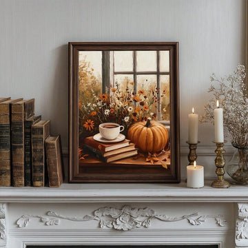 Vintage pumpkin coffee book wildflower still life canvas poster