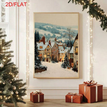 Vintage snowy European town canvas poster with warm cabin lights