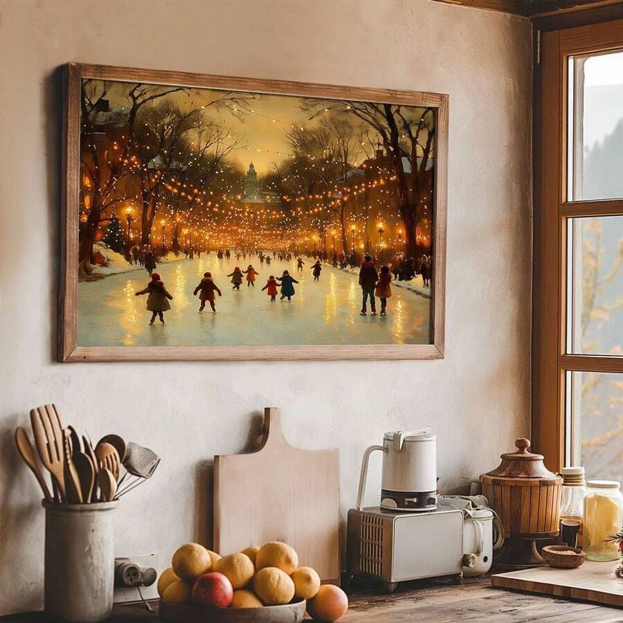 Vintage winter ice skating town scene canvas art print