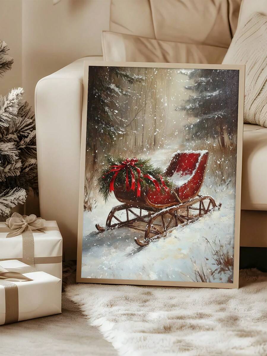 Vintage Winter Sleigh Christmas Canvas poster with nostalgic farmhouse charm. Perfect for rustic homes, cabins, fireplaces, entryways, and holiday decor.