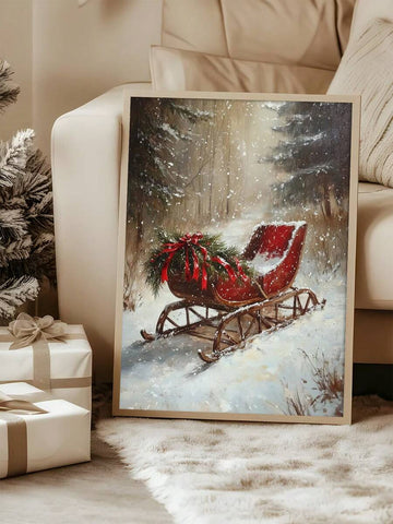 Vintage Winter Sleigh Christmas Canvas poster with nostalgic farmhouse charm. Perfect for rustic homes, cabins, fireplaces, entryways, and holiday decor.