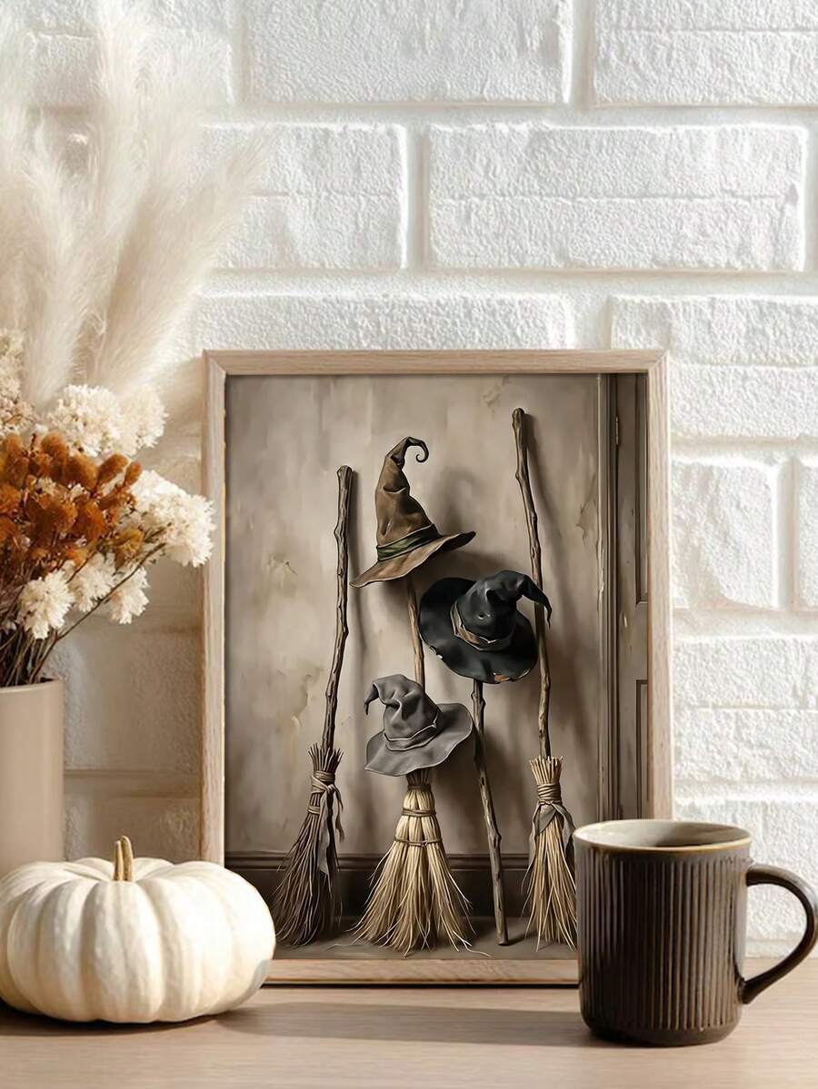 Vintage Witch Hats And Brooms Rustic Halloween Cottagecore Canvas Poster
