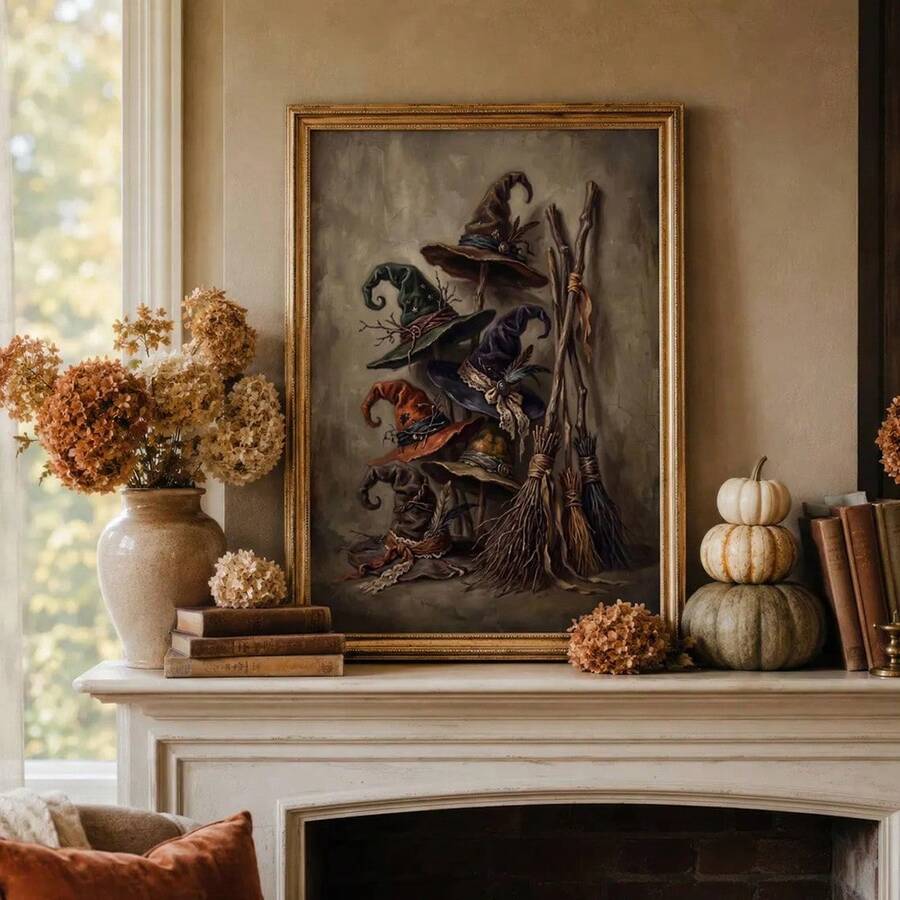 Vintage Witch Hats and Brooms Canvas poster with rustic Halloween charm. Perfect for farmhouse, cottagecore, autumn, porch, kitchen, and seasonal decor.