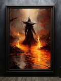 Dark witch walks through fiery autumn river holding flame wand in gothic framed poster