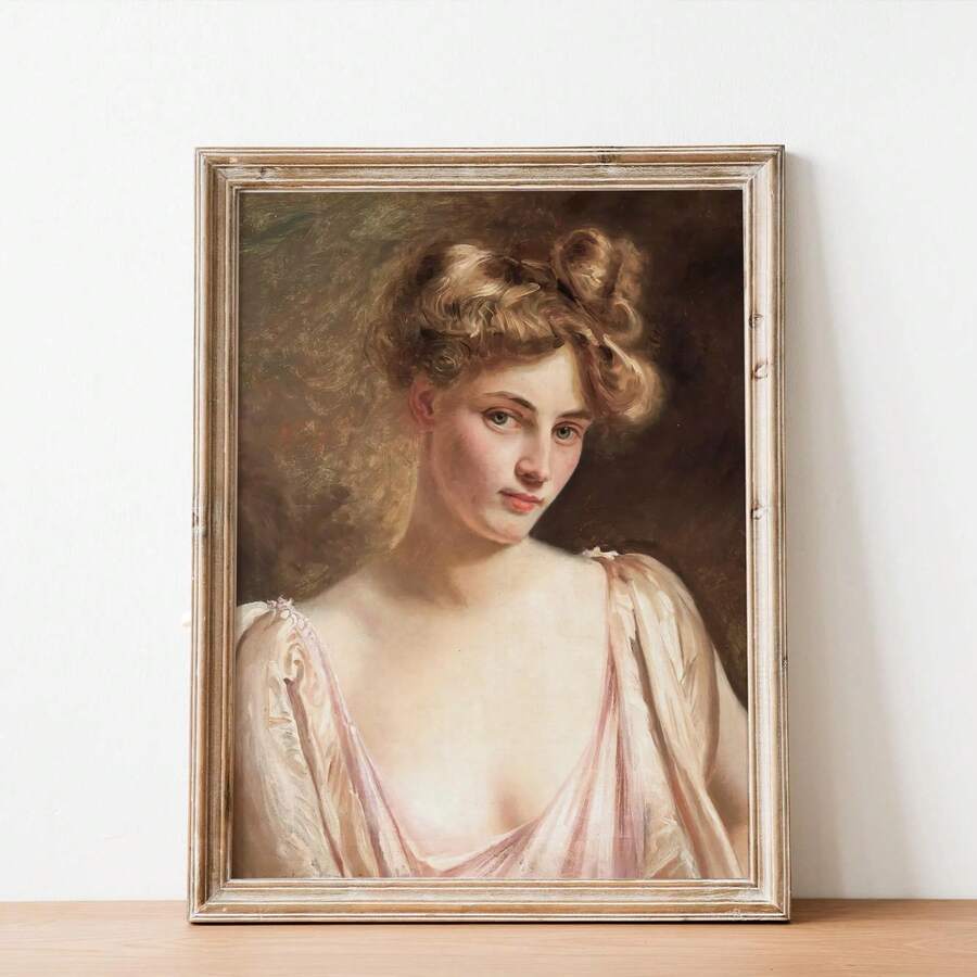Vintage portrait canvas showing a blonde woman in a pale pink gown in a distressed gold-tone frame