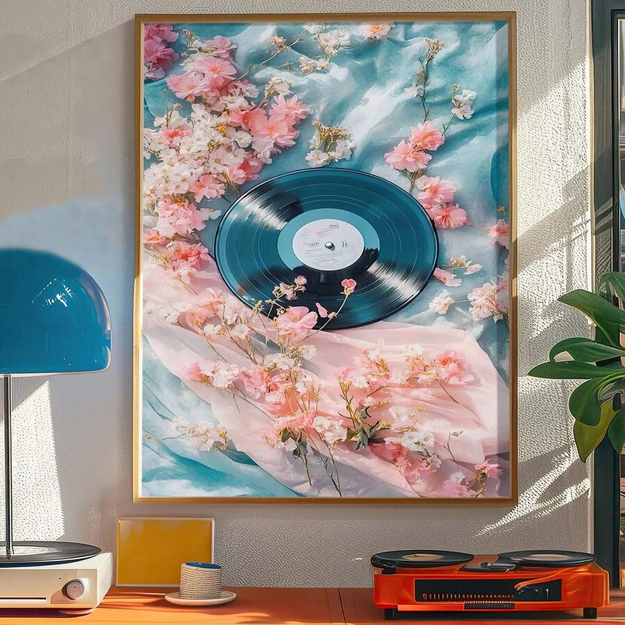 Vinyl record with pink flowers romantic oil painting canvas poster
