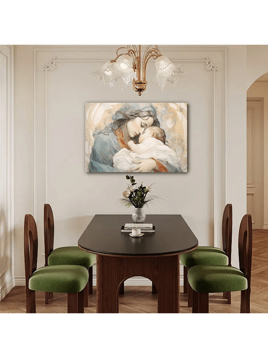 This modern canvas print features a refined depiction of the Virgin Mary and Infant Jesus, blending traditional religious iconography with contemporary design. Crafted to enhance spiritual ambiance, it serves as a meaningful focal point in any home decor setting. The high-quality materials ensure durability and vivid imagery, making it a lasting tribute to faith and artistry. Ideal for those seeking to combine devotion with modern aesthetics.
