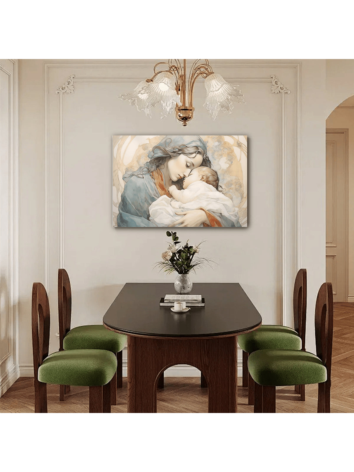 This modern canvas print features a refined depiction of the Virgin Mary and Infant Jesus, blending traditional religious iconography with contemporary design. Crafted to enhance spiritual ambiance, it serves as a meaningful focal point in any home decor setting. The high-quality materials ensure durability and vivid imagery, making it a lasting tribute to faith and artistry. Ideal for those seeking to combine devotion with modern aesthetics.