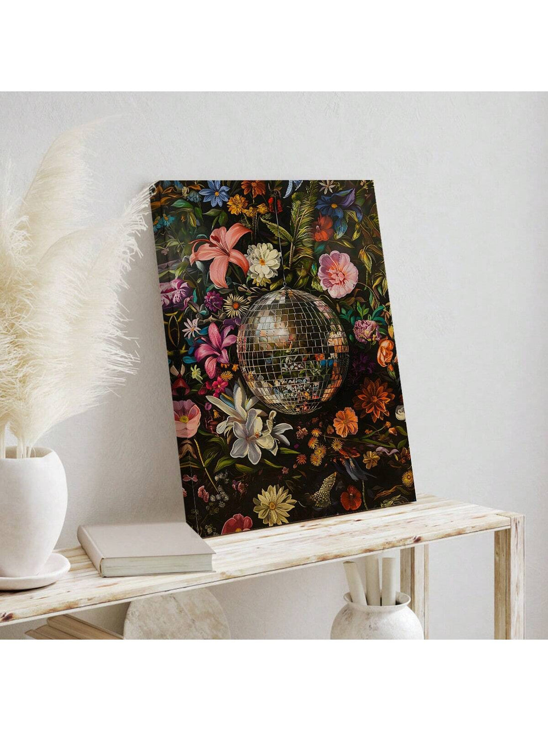 Elevate your decor with our Vivid Eclectic Disco Ball Wall Art. The bold botanical print adds a trendy touch, making any space instantly stylish. The vibrant colors and unique design will transform your walls into a work of art. Elevate your home with this eye-catching piece.