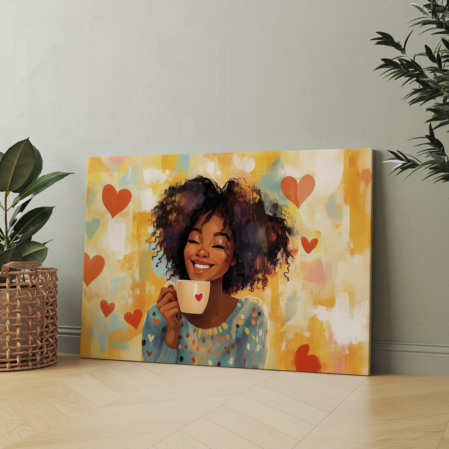 This wall art canvas features a smiling woman with curly hair holding a coffee mug against a hearts background. Perfect for decorating your living room, sofa backdrop, or bedside, this canvas adds a touch of warmth and coziness to any space. Made with high-quality materials, this piece is sure to elevate your home decor.