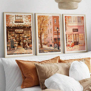 Autumn flower shop street and dessert store prints above bed