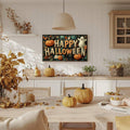 Happy Halloween canvas poster with pumpkins ghosts black cat and foliage above dining table
