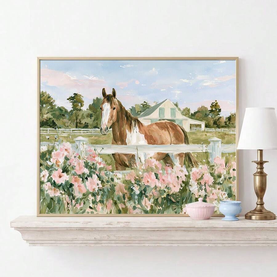 Framed watercolor horse and pink floral canvas poster on a mantel shelf