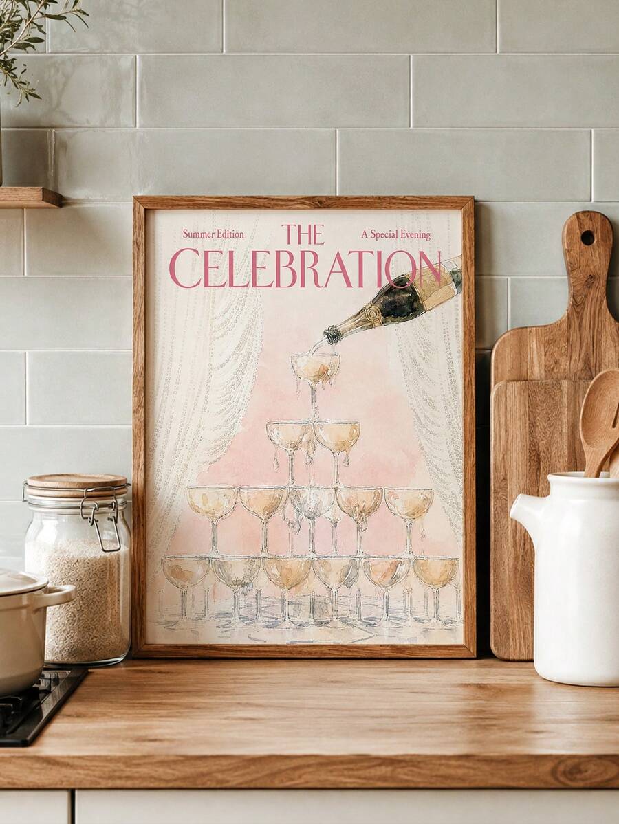 Watercolor champagne tower canvas poster with blush pink celebration artwork