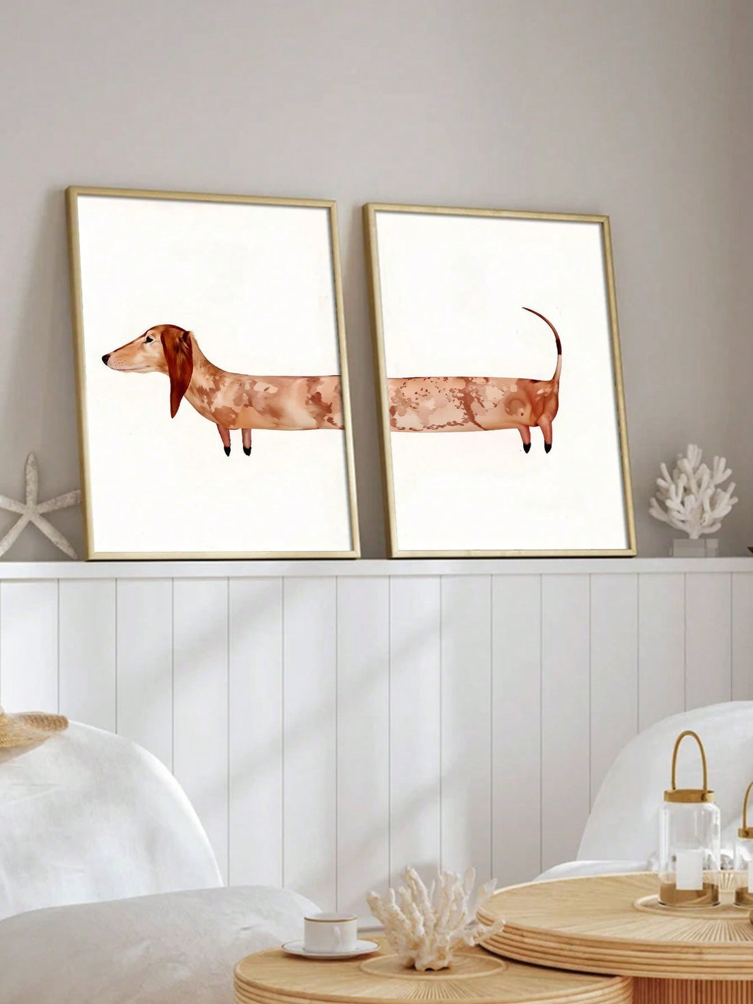 Elevate your living space with this two-piece set of watercolor Dachshund art prints, expertly crafted to complement modern home decor. Each print showcases delicate brushwork and subtle color gradients that bring the charming personality of the Dachshund to life. Perfect for adding a refined yet playful touch to any room, these prints are designed to seamlessly blend with contemporary interiors while highlighting your love for unique, animal-inspired art.