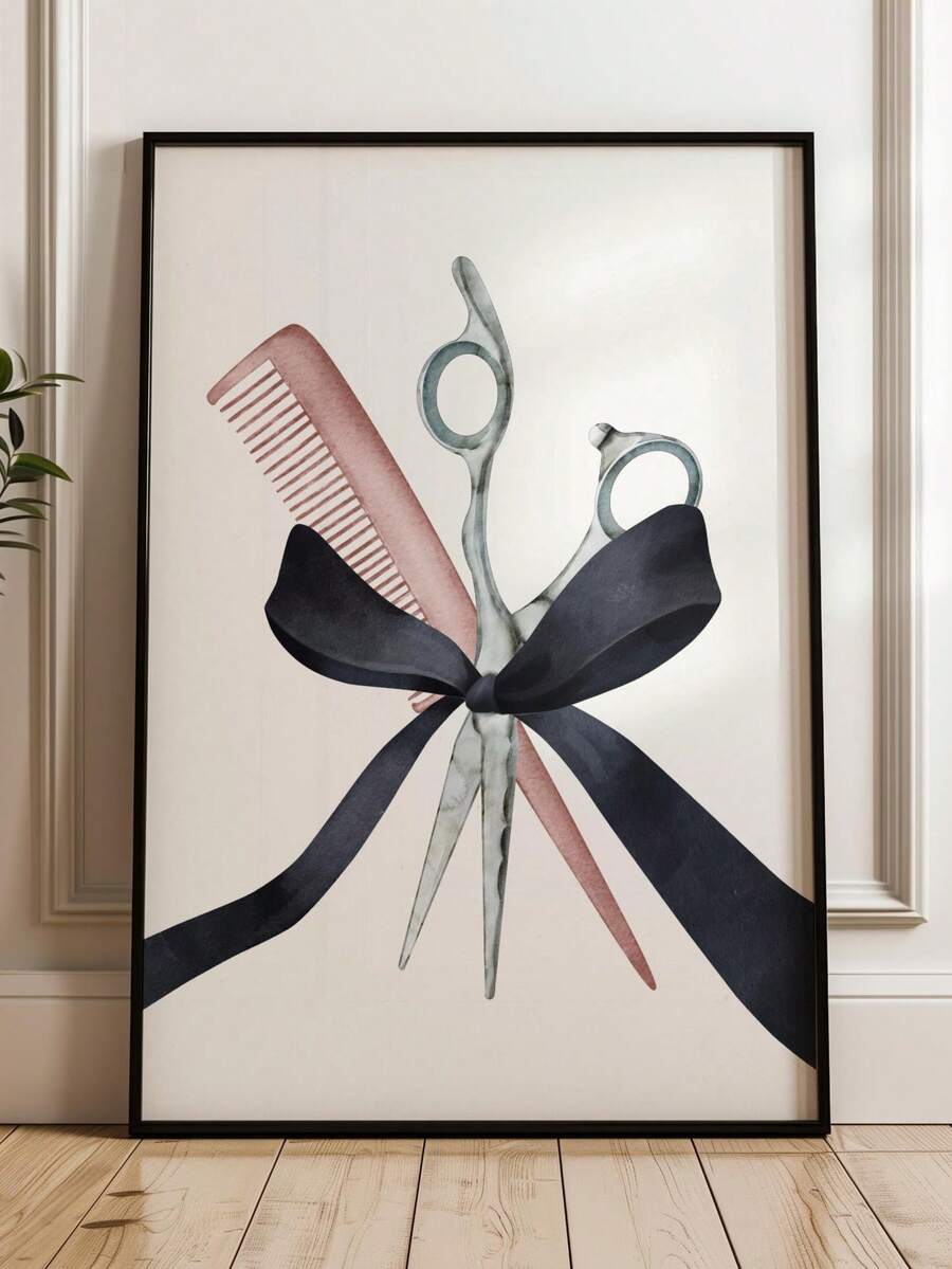 Watercolor silver-gray scissors and dusty pink comb tied with a black bow in a black frame leaning against a paneled wall