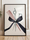 Watercolor silver-gray scissors and dusty pink comb tied with a black bow in a black frame leaning against a paneled wall