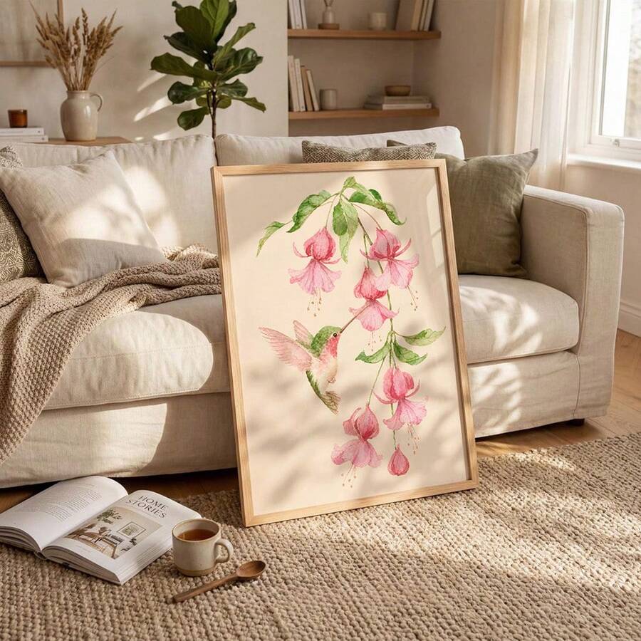 Watercolor hummingbird and pink fuchsia flower canvas poster in light wood frame