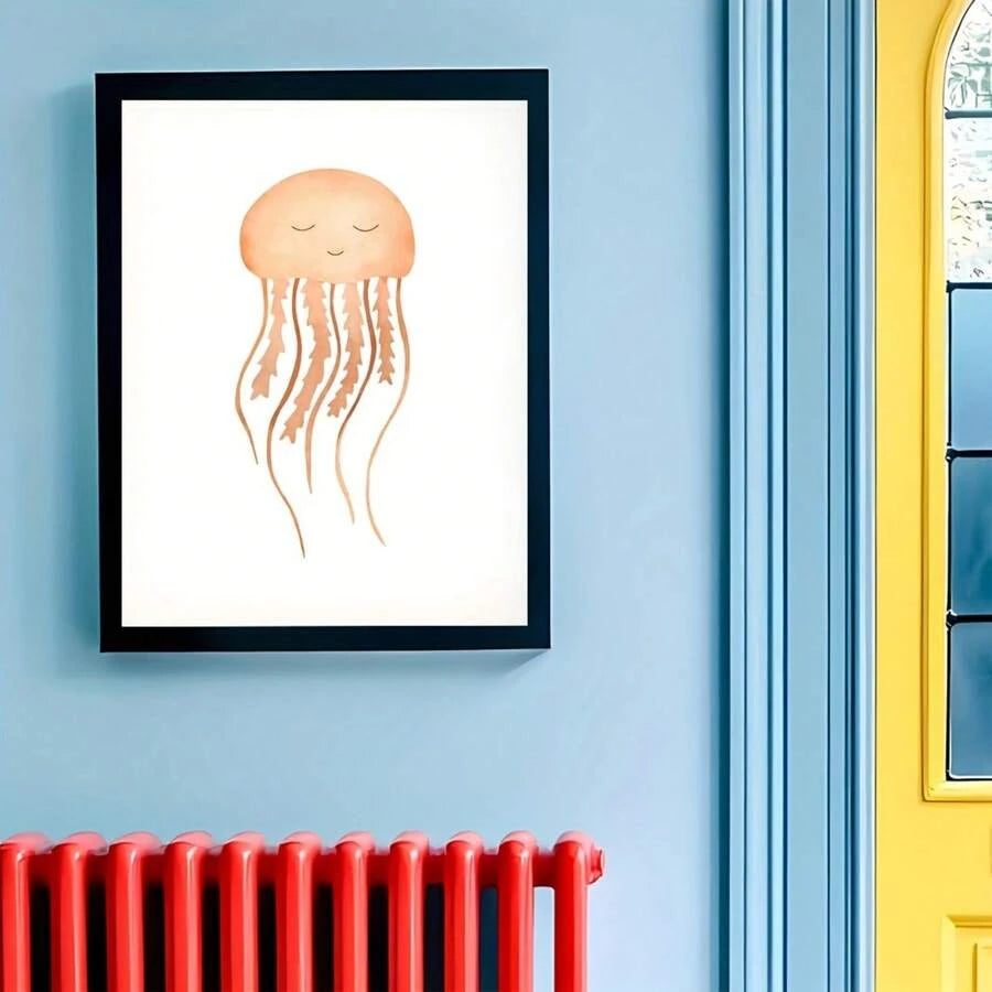Cute watercolor jellyfish nursery wall art in black frame
