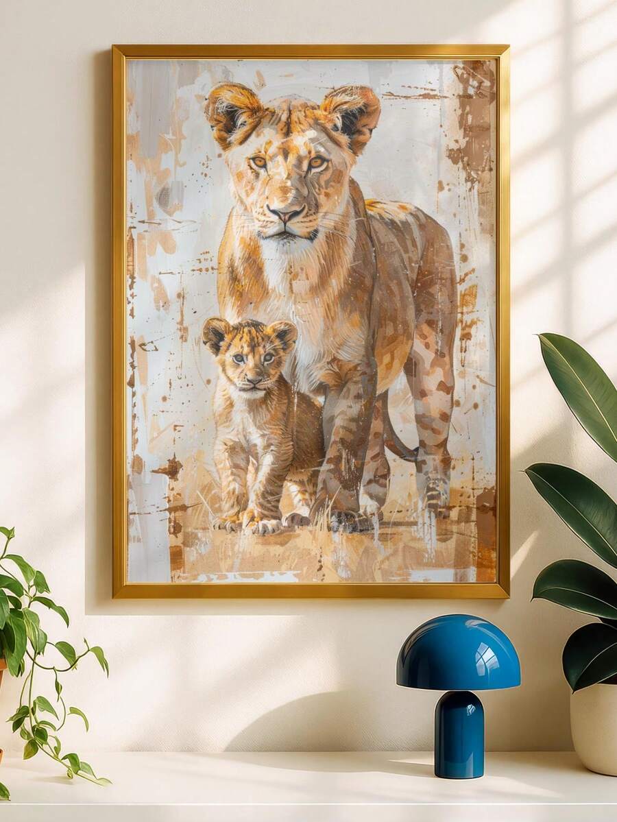 Watercolor Lioness & Cubs Jungle Nursery Wildlife Canvas Poster 