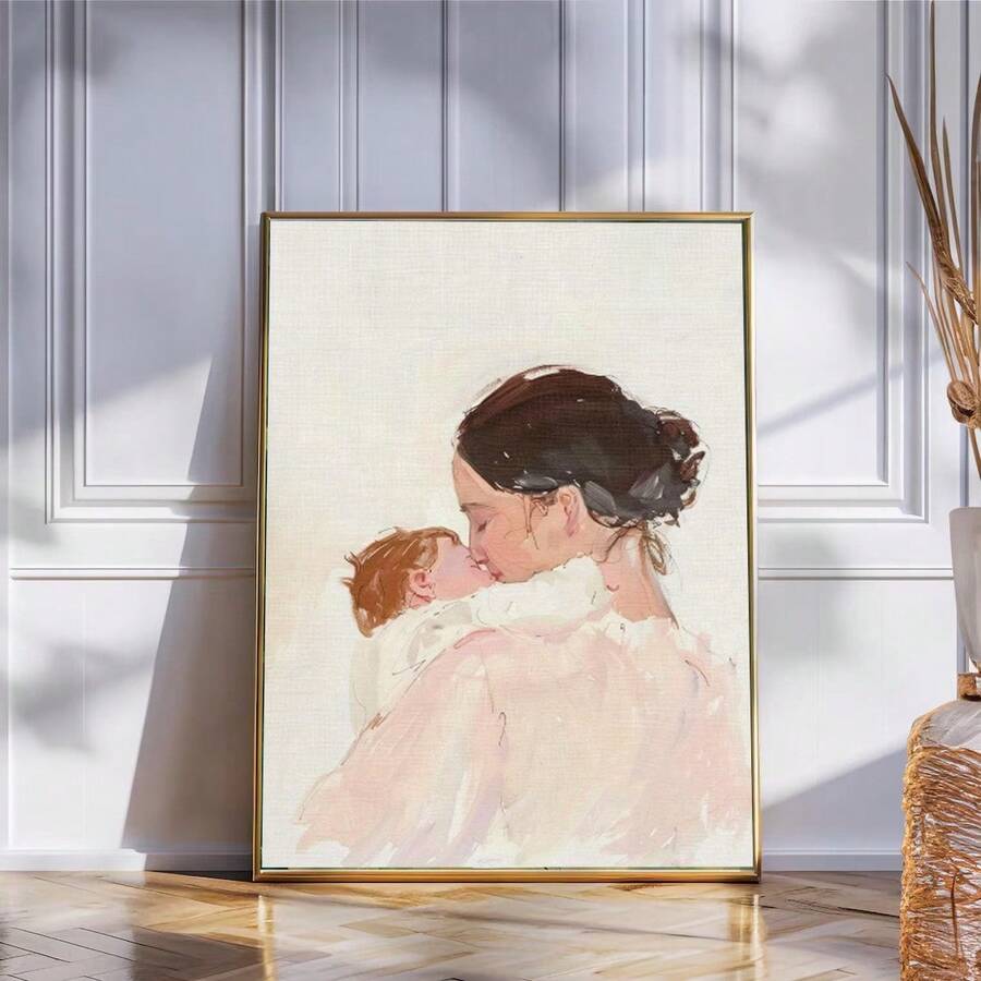Watercolor mother and baby canvas poster in a gold frame against a paneled wall