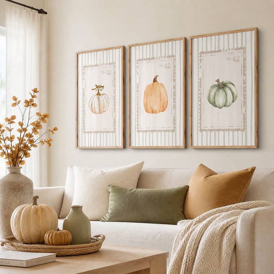 Watercolor Pumpkin Maple Leaves Hello Autumn Vintage Cottagecore Canvas Poster Set