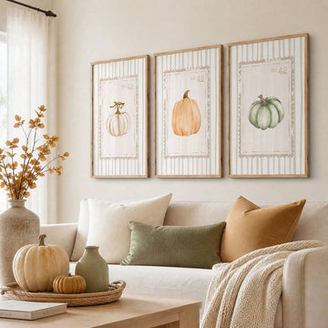Watercolor Pumpkin Maple Leaves Hello Autumn Vintage Cottagecore Canvas Poster Set